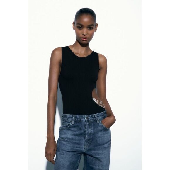 NWT Zara Black Ribbed Limitless Contour Collection Cutout Jewel Bodysuit, XS-S - Picture 3 of 13
